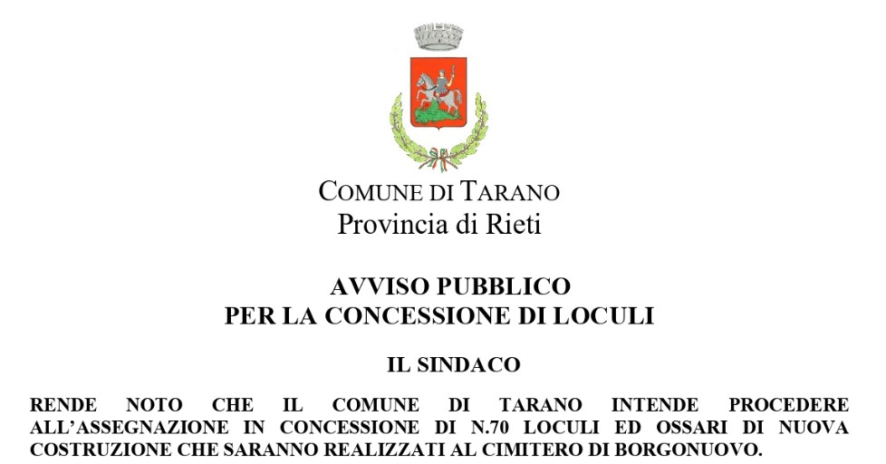 Avviso: Prenotazione Concessione nuovi loculi cimitero di Borgonuovo